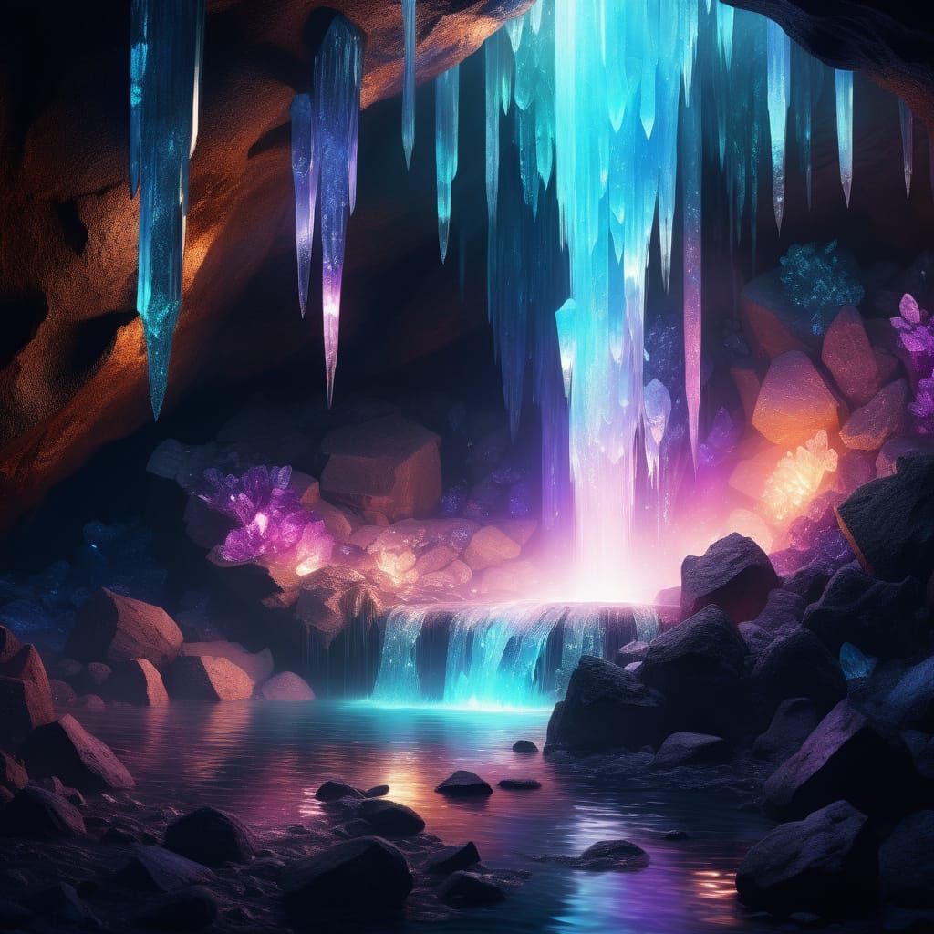 Glowing Waterfall in Crystal Cave: Digital Art