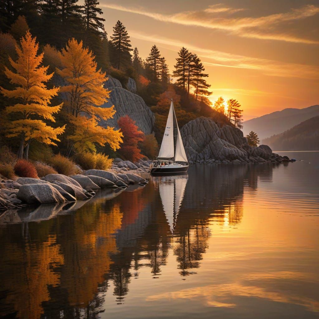 Golden Sunset Sail on Tranquil Lake