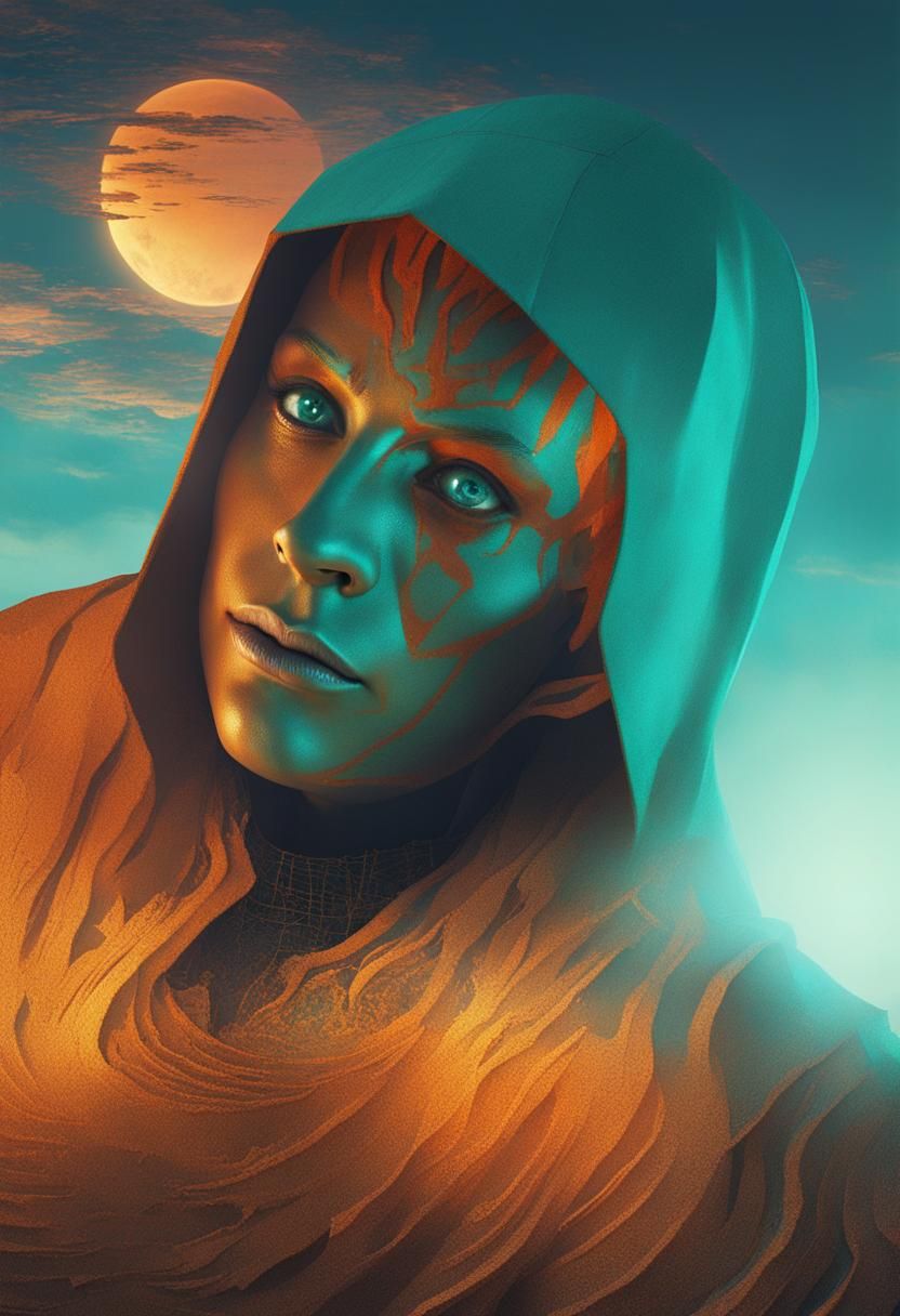 Dystopian Cloaked Figure in Cyberpunk Cityscape