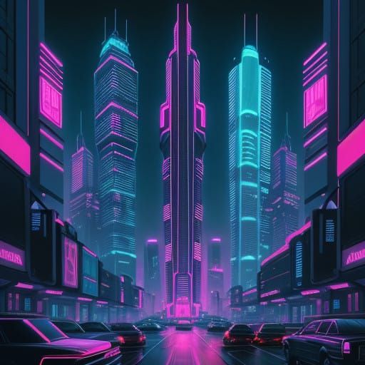 Retro-Futuristic Cityscape in Vibrant Synthwave Aesthetic
