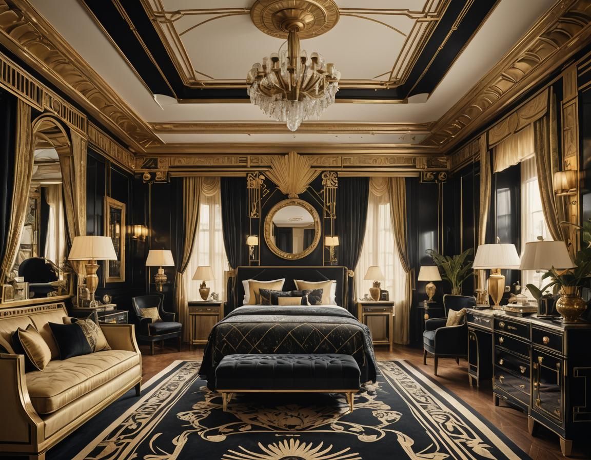 Lavish Art Deco Bedroom with Black and Gold Furnishings