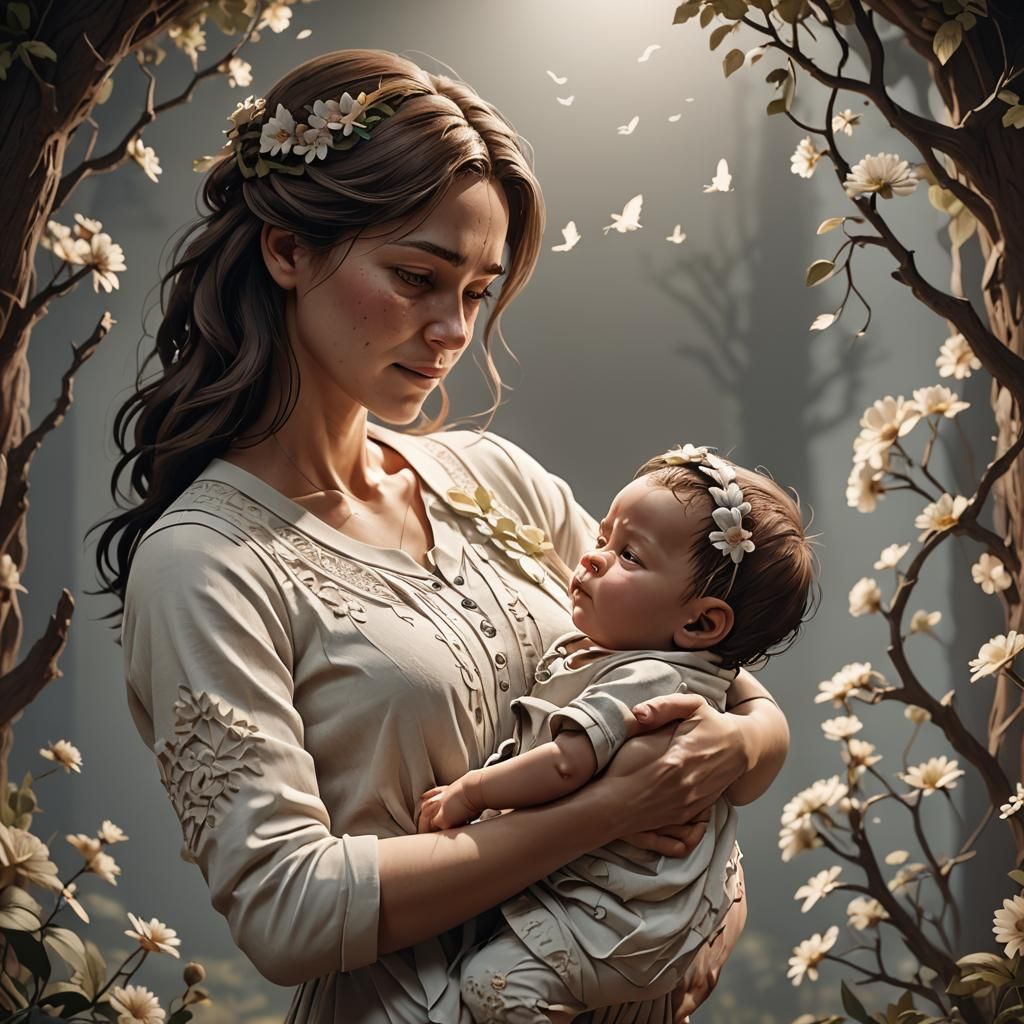 Mother and Child in Papercut Style