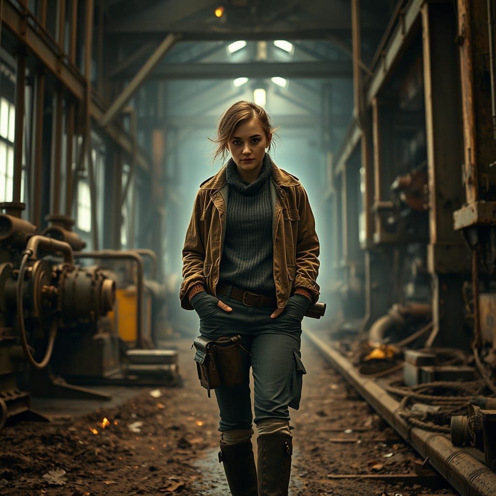 Steampunk Factory Worker in Gritty Landscape