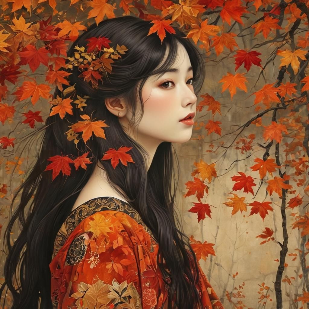 Autumnal Portrait Inspired by Klimt and Ukiyo-e