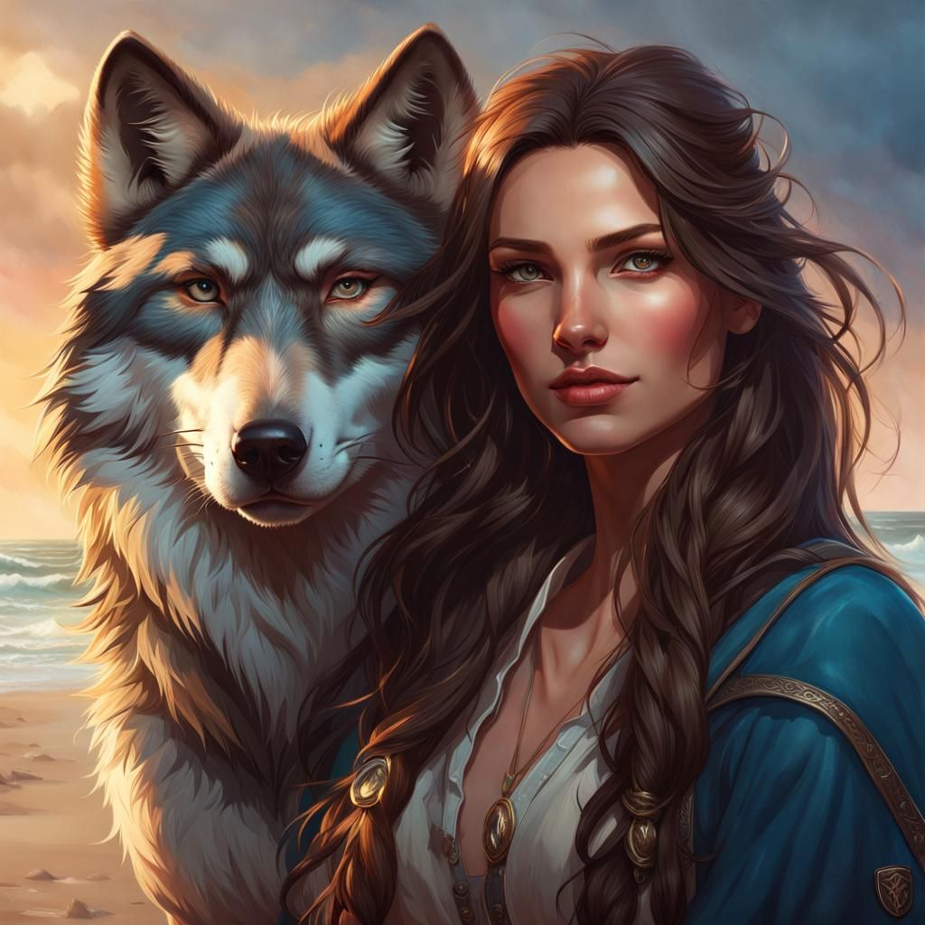 Woman and Wolf on Desolate Beach, Detailed Portrait
