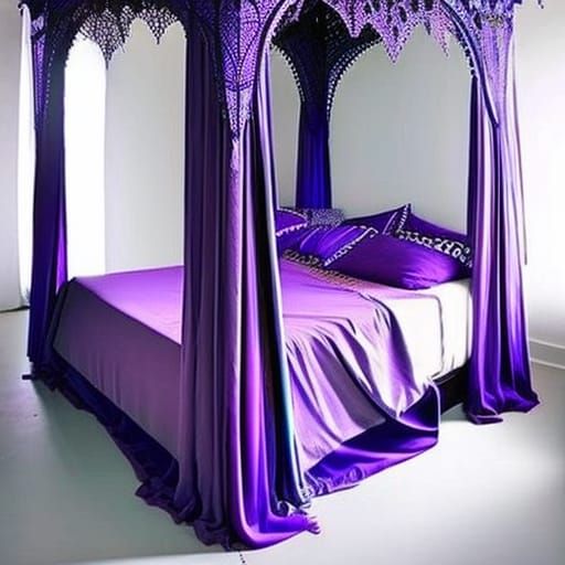 Ethereal purple gothic canopy bed with purple blanket& cobal...