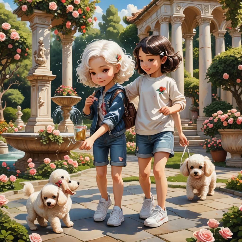 Chibi Girl with Poodle in Lush Rose Garden