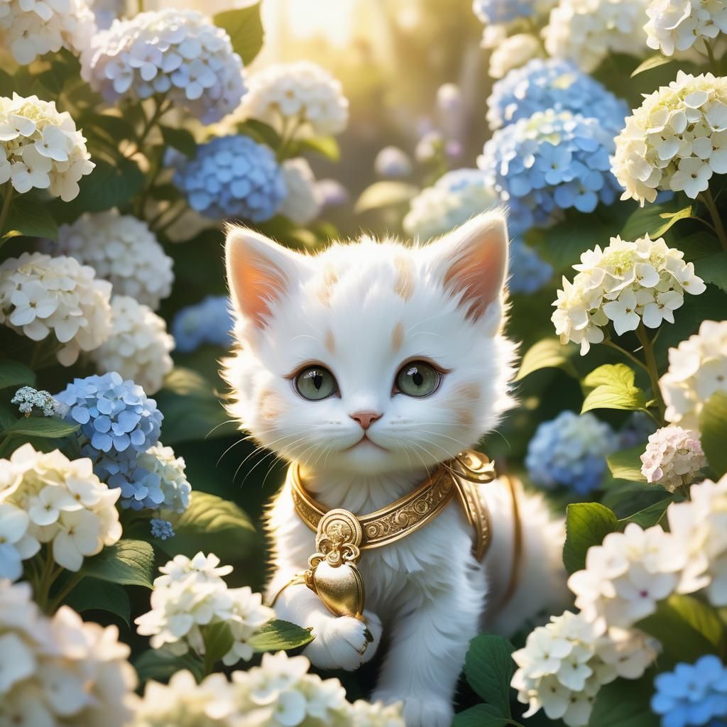 Kitten in Hydrangea Garden: Whimsical Fantasy Art