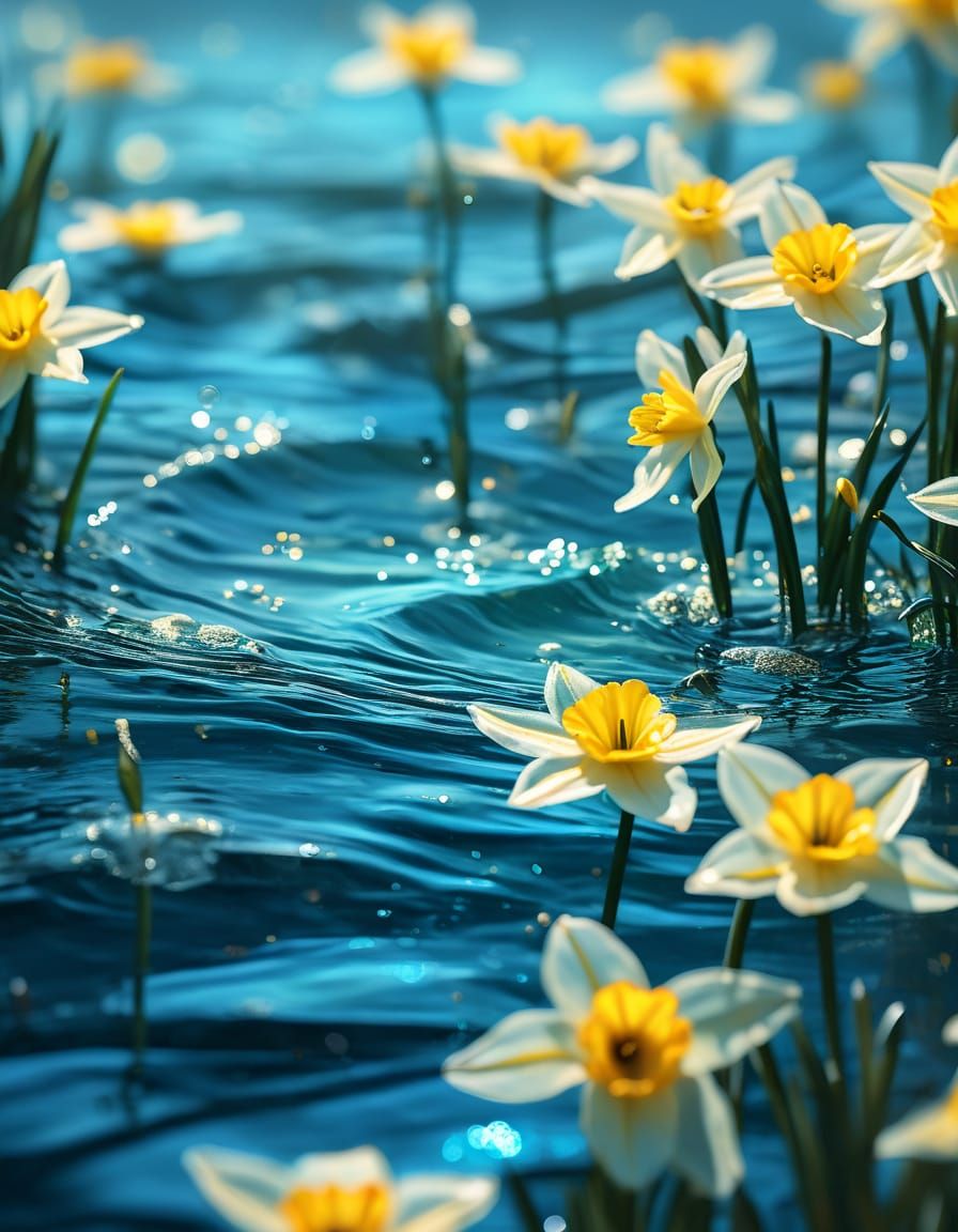 Iridescent Aquamarine Waves with Delicate Daffodils