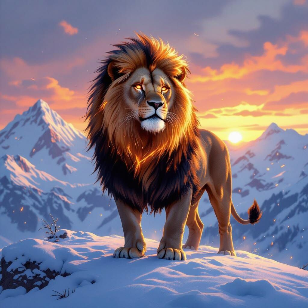 Lion with Flaming Mane on Snowy Mountain