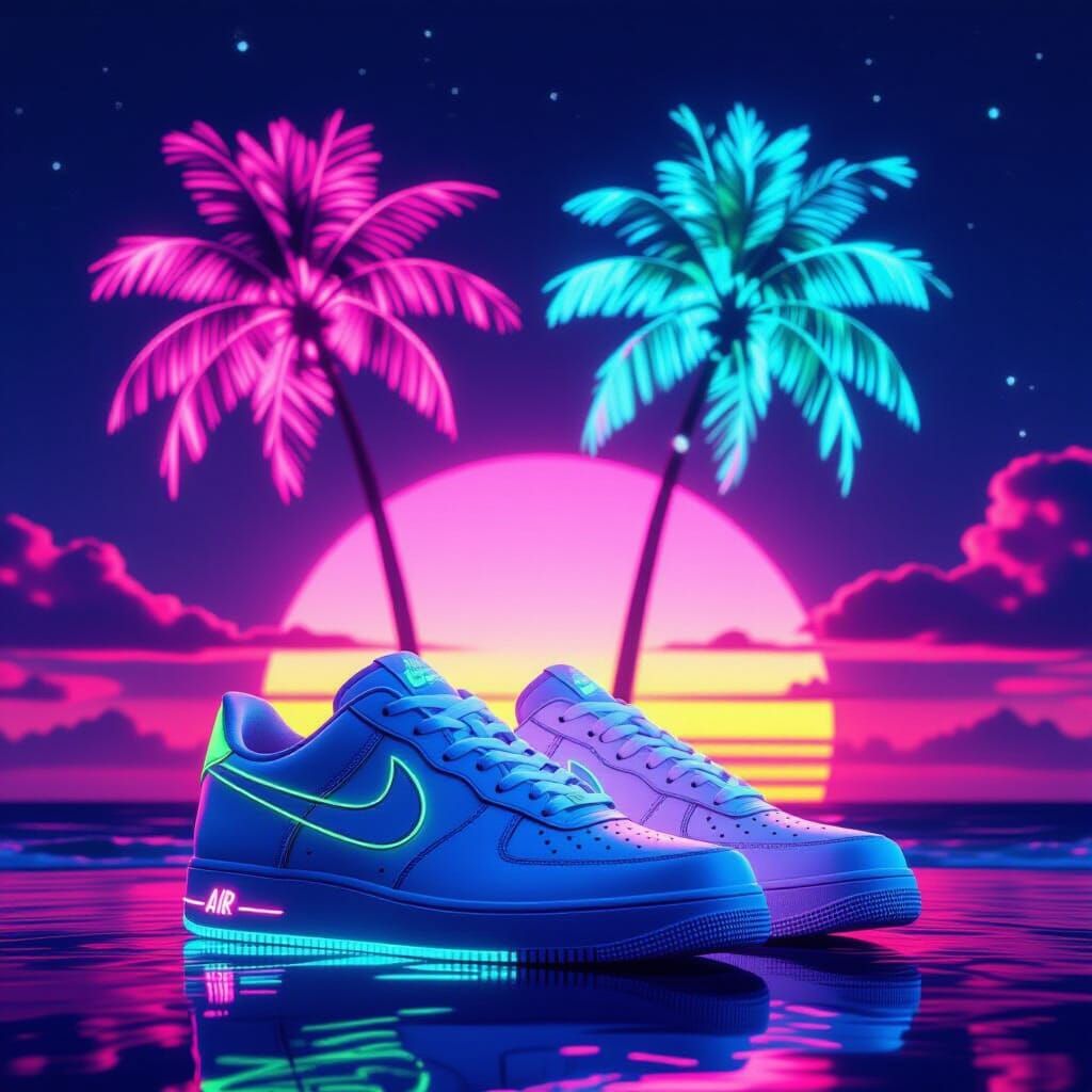 Neon Sneakers with Synthwave Sunset, in Photorealistic Style