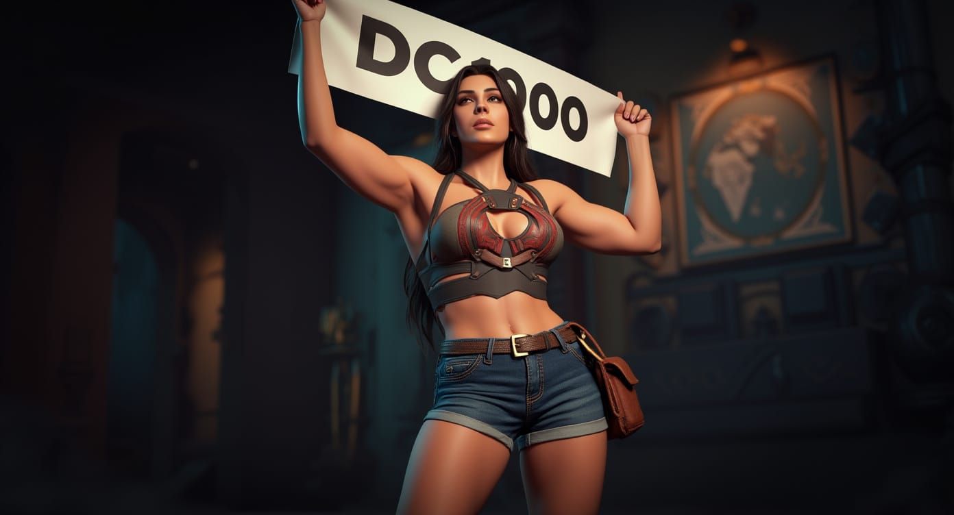 Woman with Banner in Cinematic Game Environment