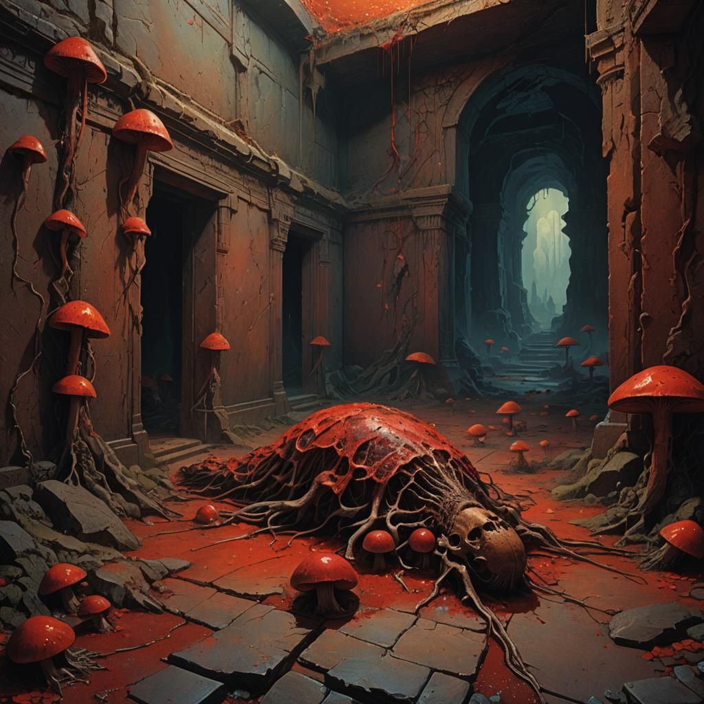 Dark Fantasy: Bloody Corpse in Luminescent Cave