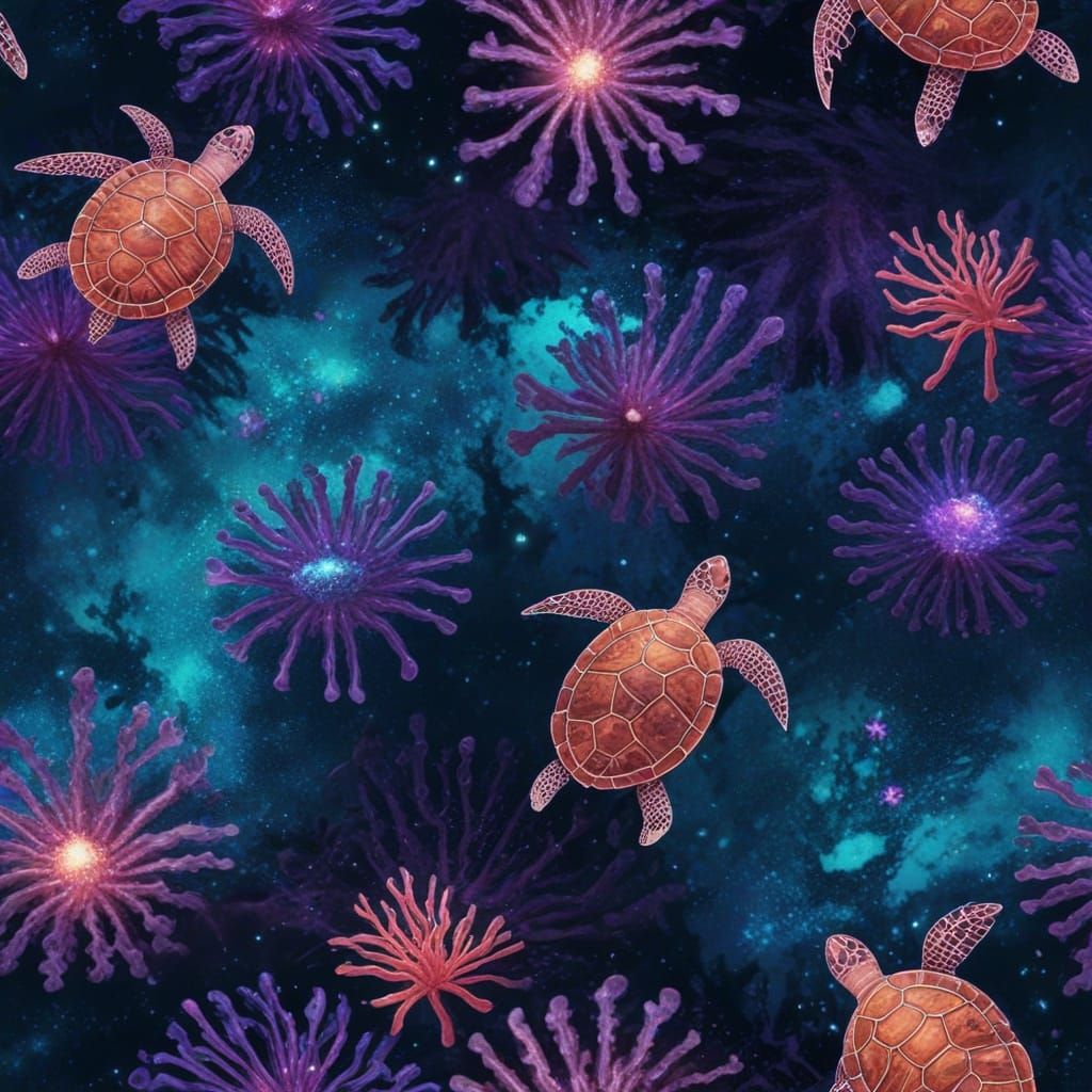 Galactic Sea Turtles in Radiant Coral Reef Digital Art