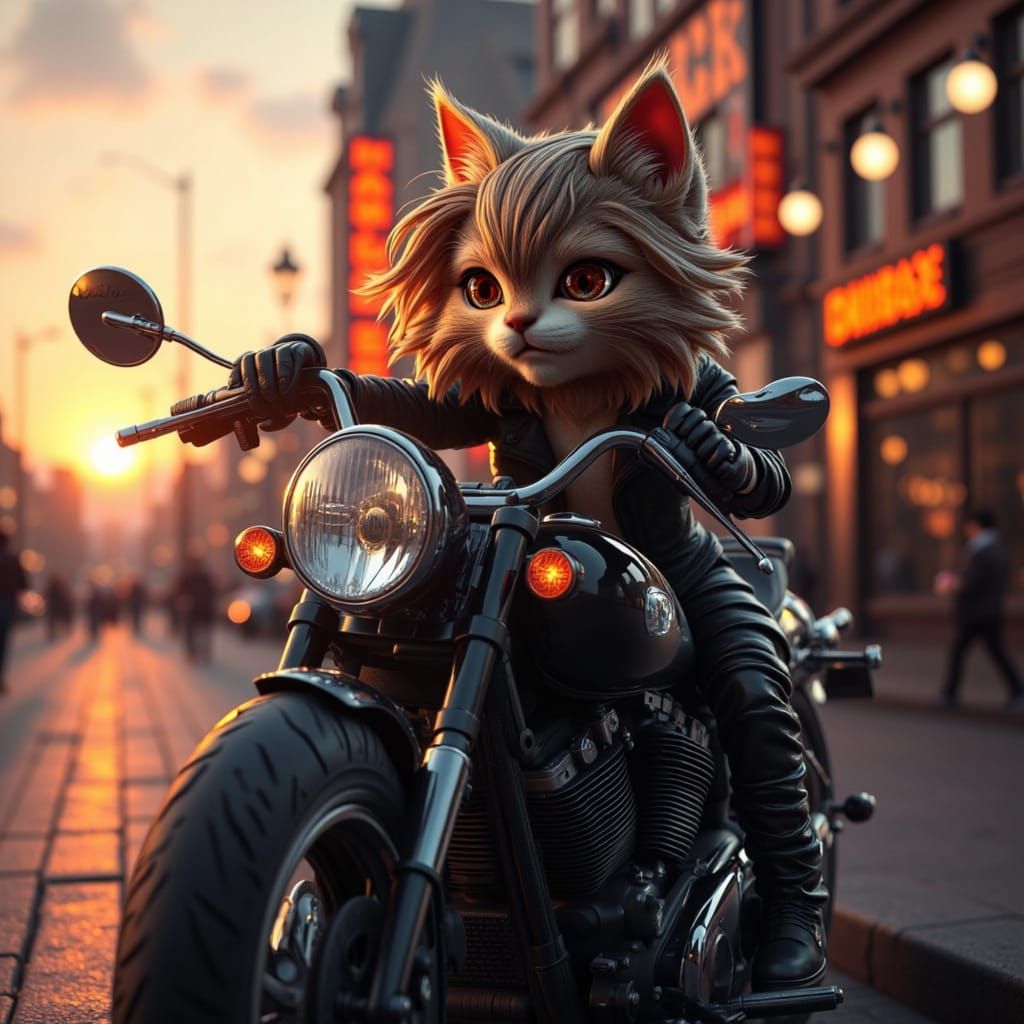 Chibi Kitten Biker in Sunset