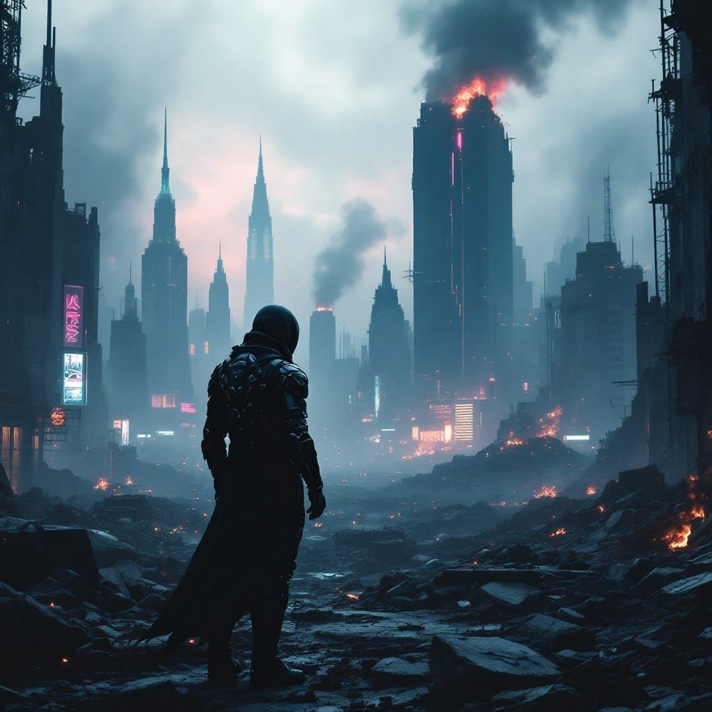 Futuristic Survivor Stands Amidst Dystopian Ruins in Neon-Li...