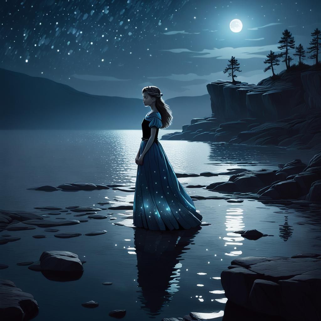 Night Princess on Dark Shoreline in Cinematic Style