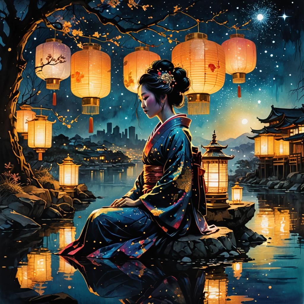 Geisha Silhouette at Lantern Festival in Anime Style