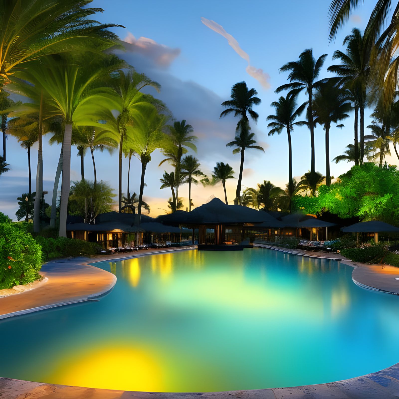 Bioluminescent Pool at Sunset: 3D Conceptual Art