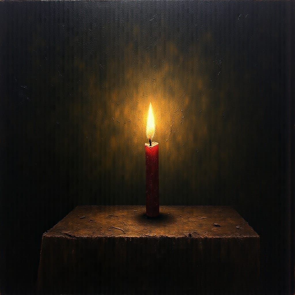Flickering Candle in Dark Room as Oil Painting