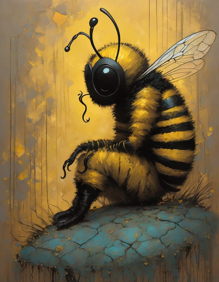Bee Character in Hive Room, Surreal Digital Art