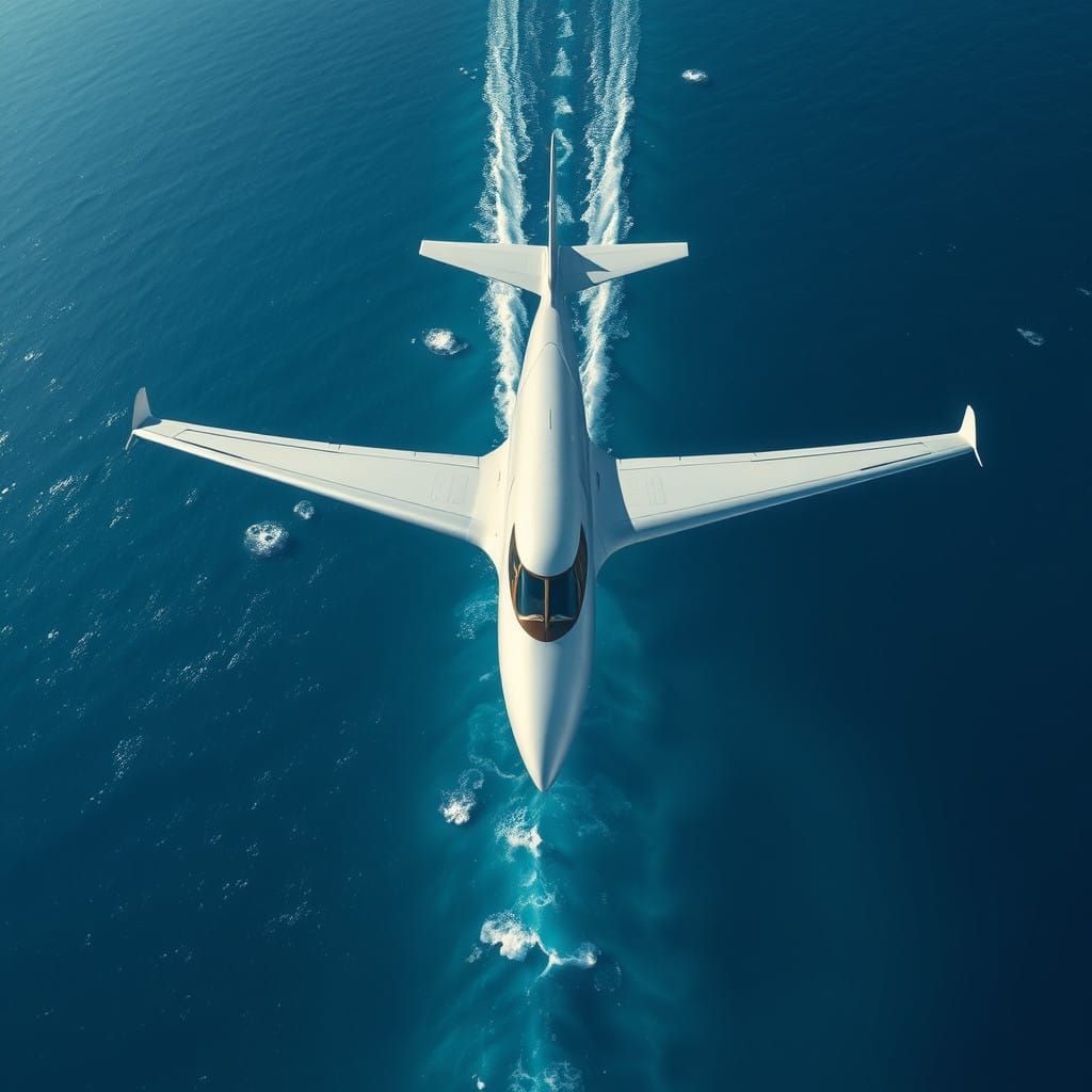 Sleek Silver Airliner soars over Brilliant Blue Ocean