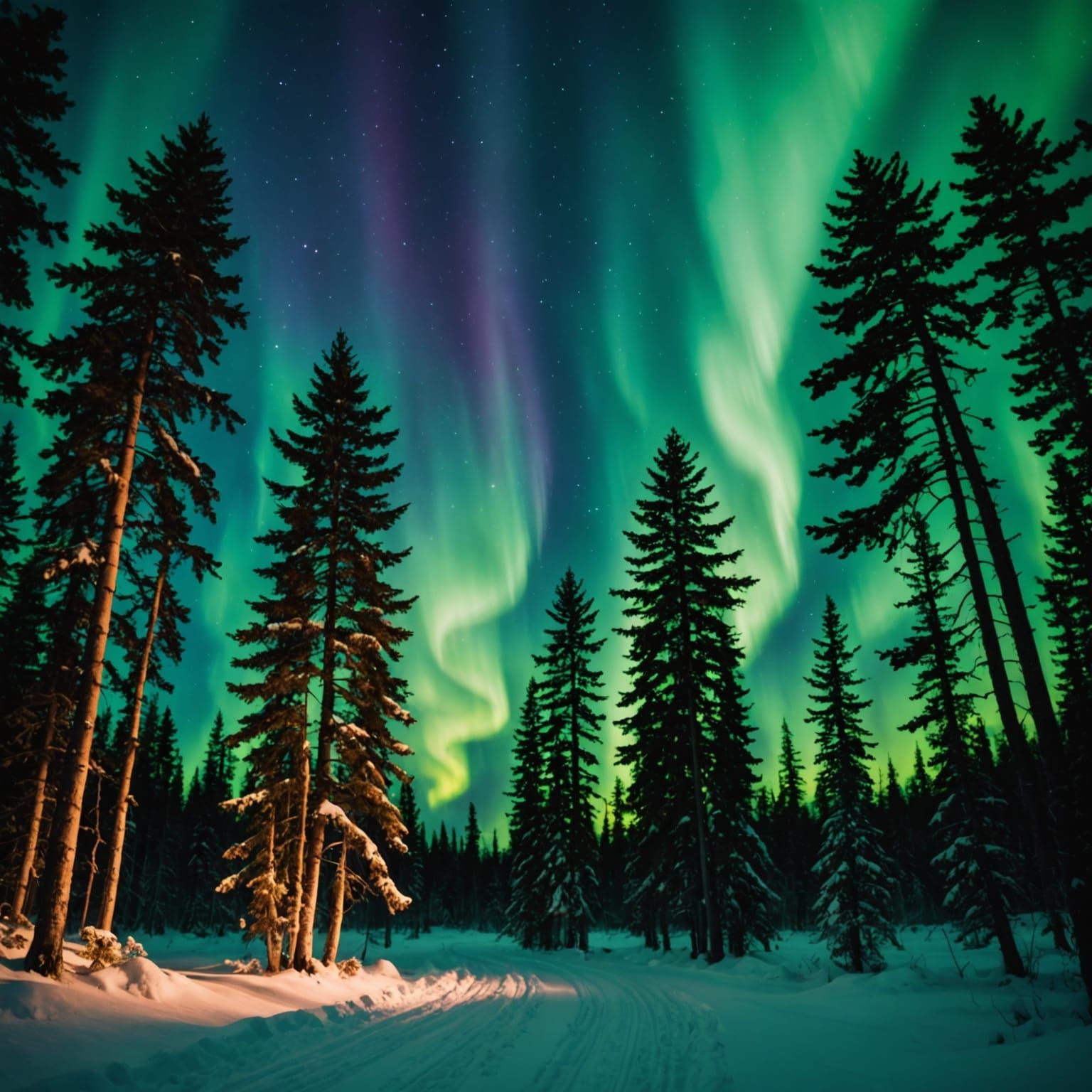 Winter Forest Under Northern Lights: Photography