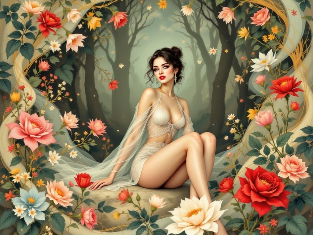 Romantic Art Nouveau Pin-Up Goddess in Misty Forest