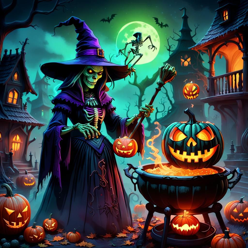 Wicked Witch Stirring Cauldron with Jack-o'-Lantern: 3D Digi...
