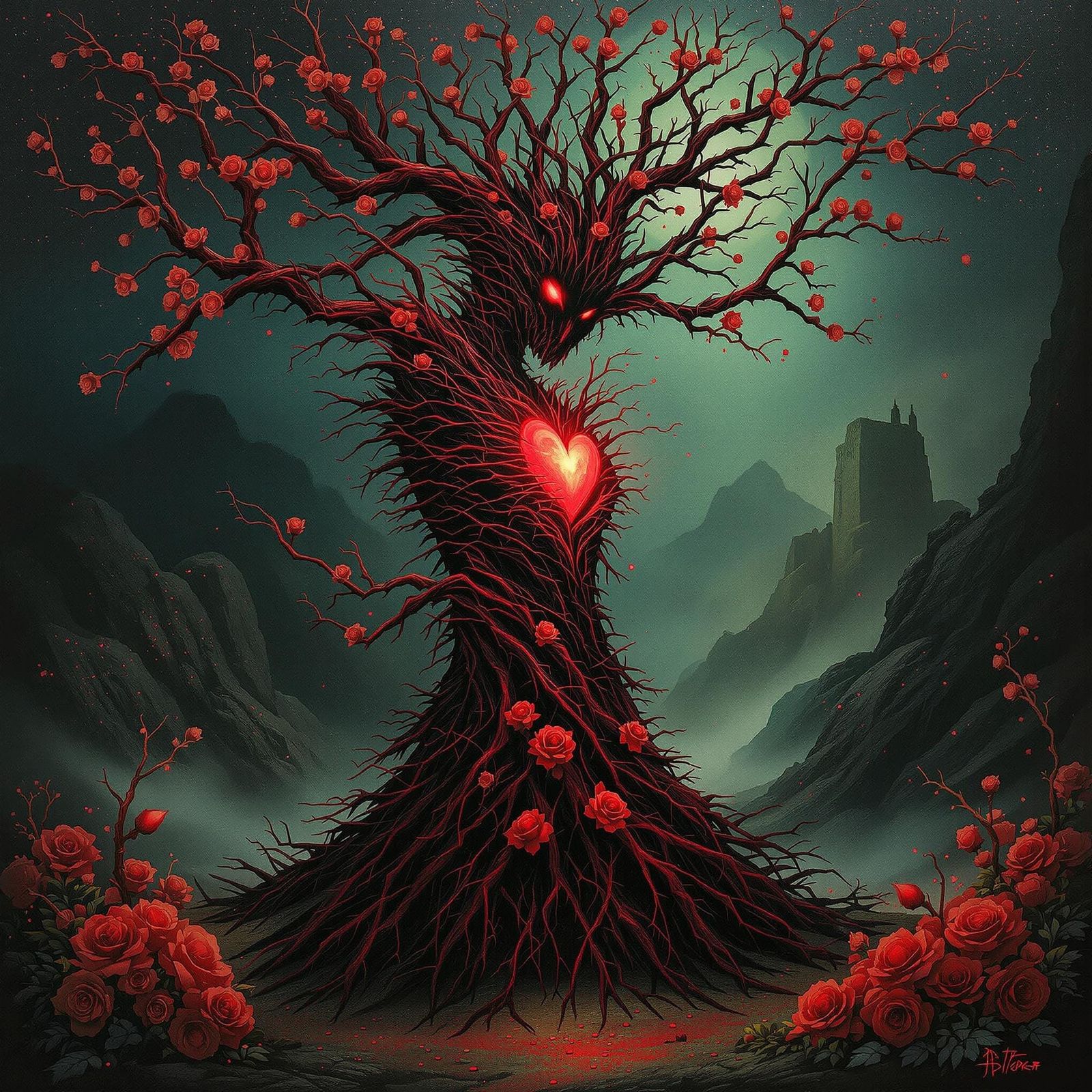 Surreal Crimson Spirit in Paleo-Christmas Scene