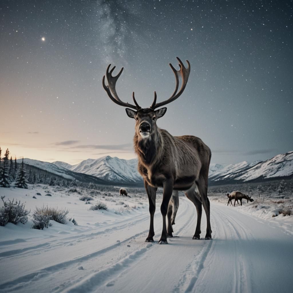 Reindeer Country Roadtrip Under Starry Sky