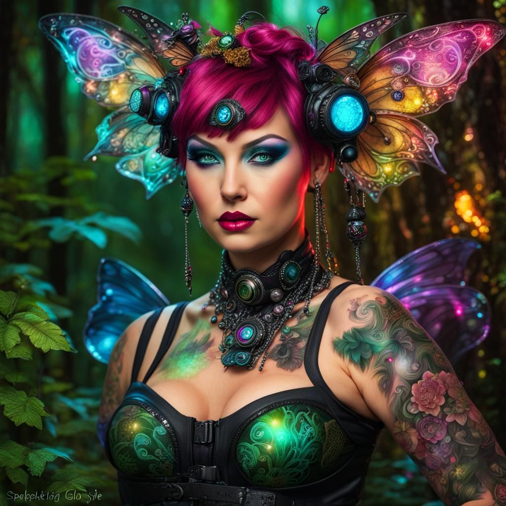 Cyberpunk Fairy in Enchanted Forest with Ethereal Glow