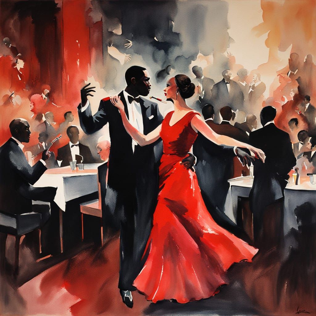 Elegant Lady in Red Dances with Partner in Smoky Jazz Club