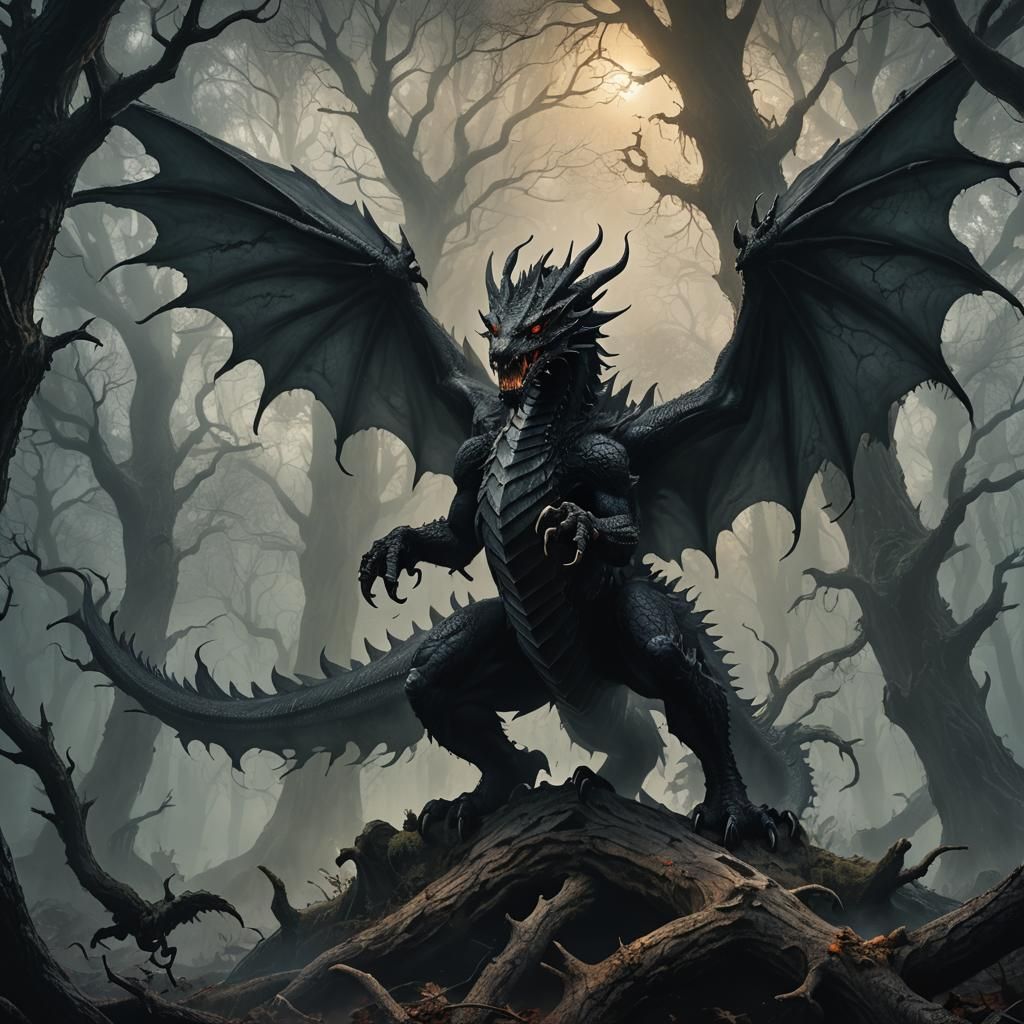 Black Dragon in Misty Forest: Dark Fantasy Illustration