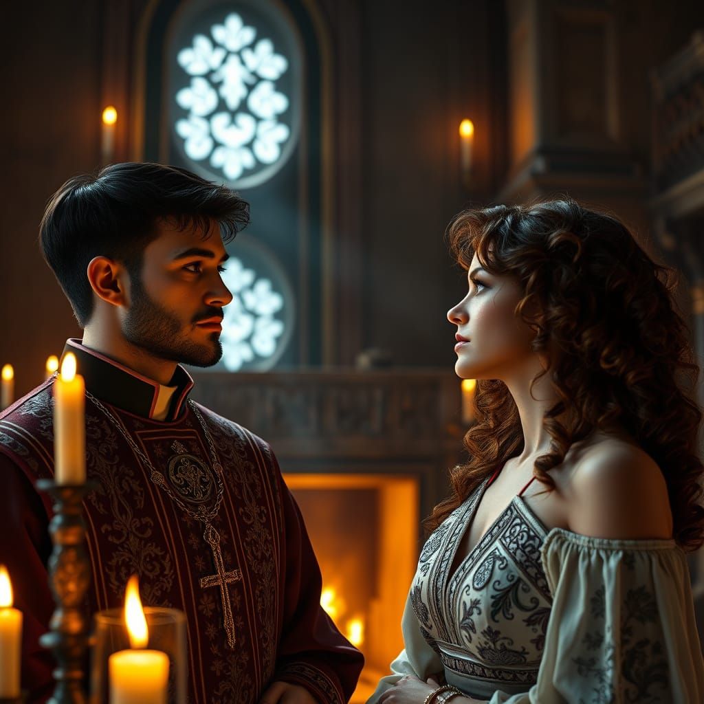 Elegant Archbishop Contemplates Enchanting Maiden in Castle ...