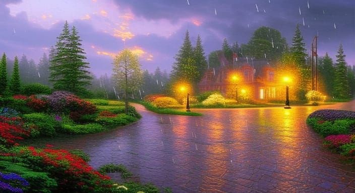 Photorealistic Rainy Scenery in Luminous Style
