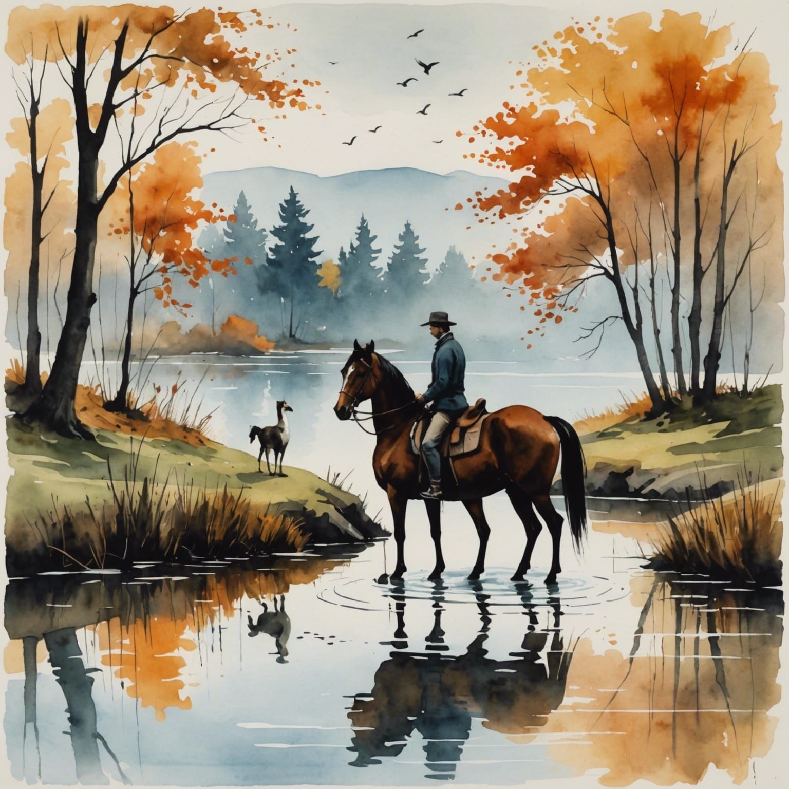 Minimalist Ink Painting of Couple by Autumn Lake