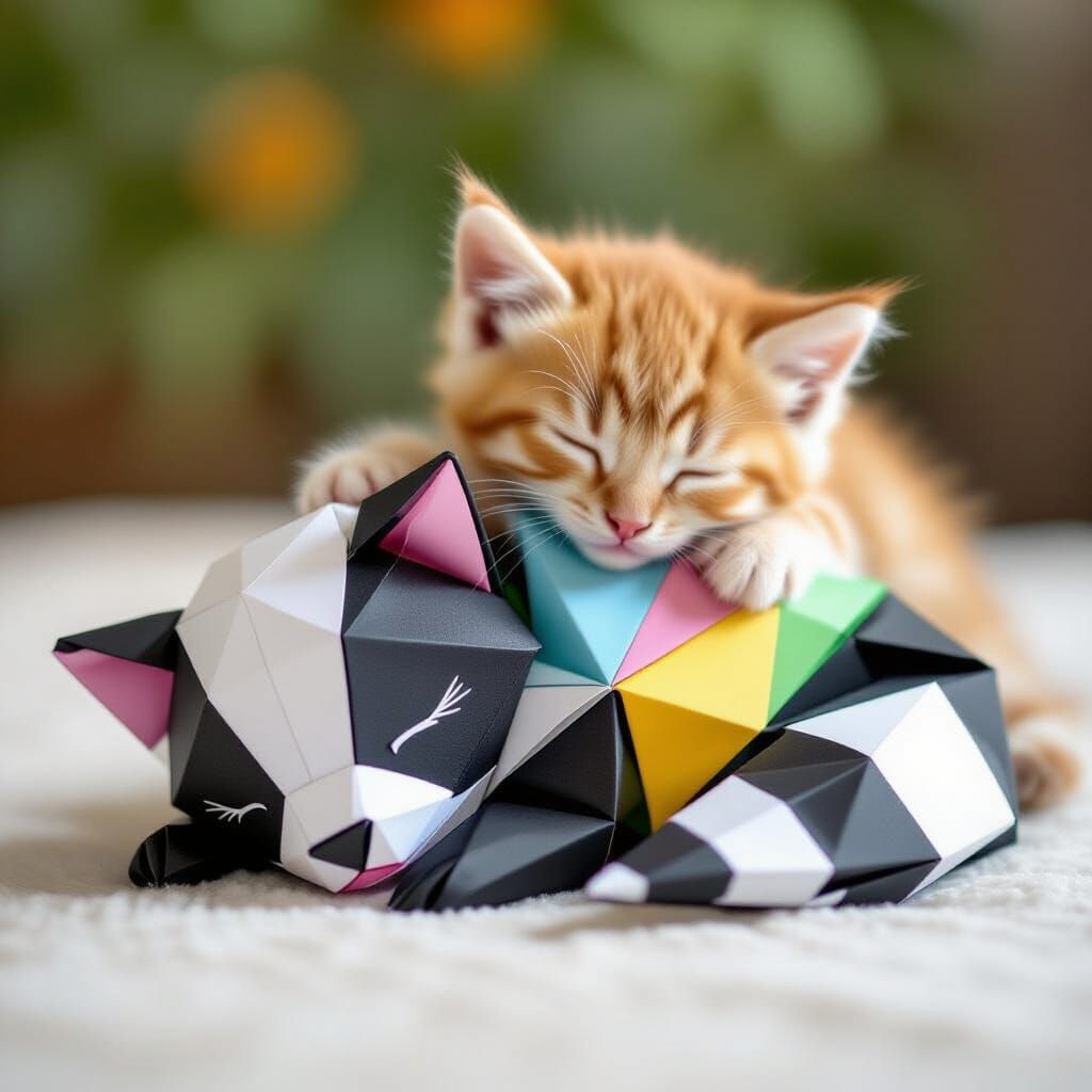 Colorful Origami Skunk Napping with Kitten