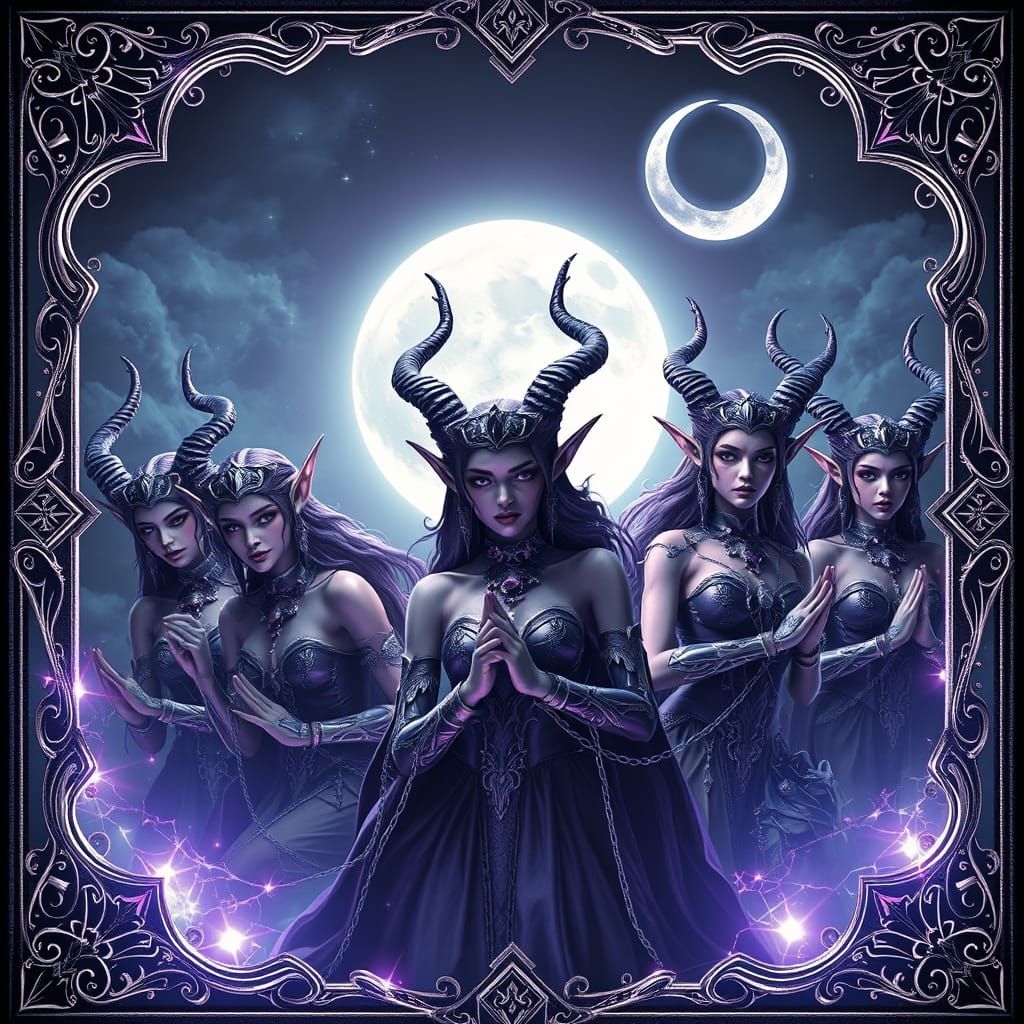 Mystical Dark Elf Sorceresses Tarot Cards in Moonlight