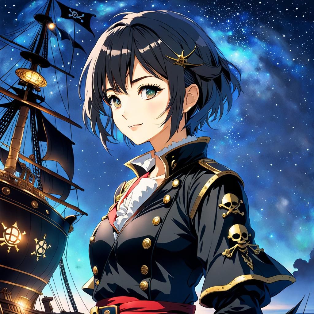 Anime Pirate Woman Portrait in Watercolor Style