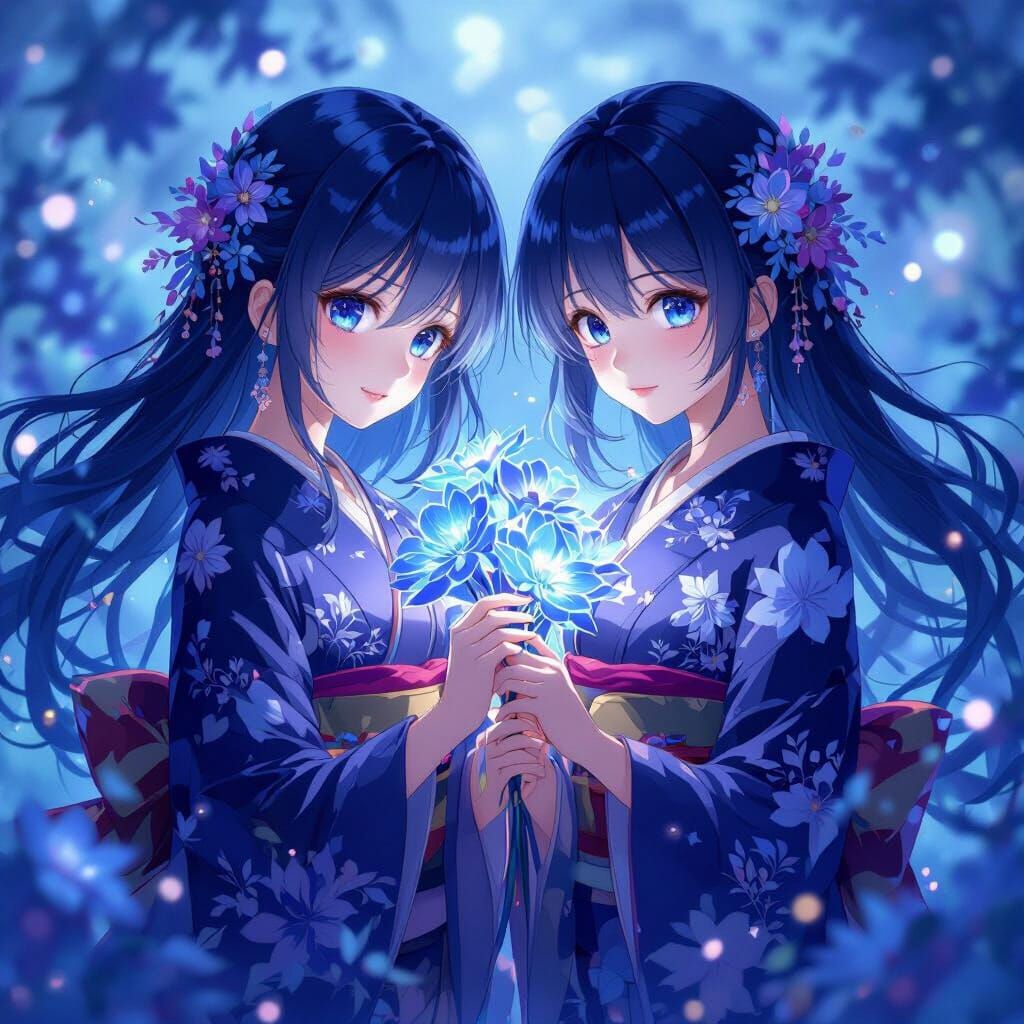 Anime Women with Midnight Blue Flowers in Dreamlike Style