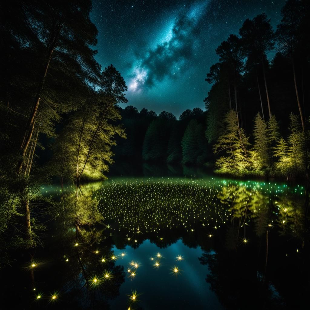 Firefly Swarm Illuminates Night Landscape