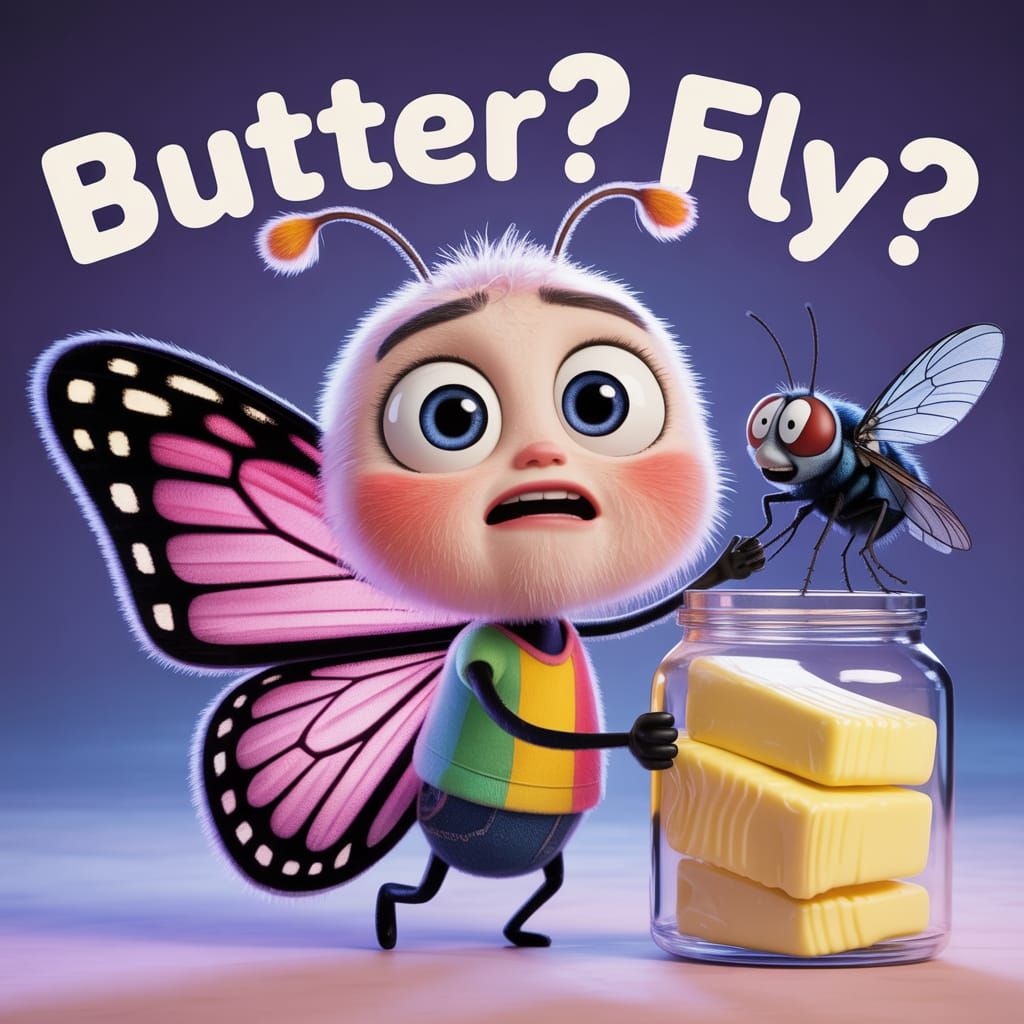 Pixar-Style Butterfly with Butter and Fly