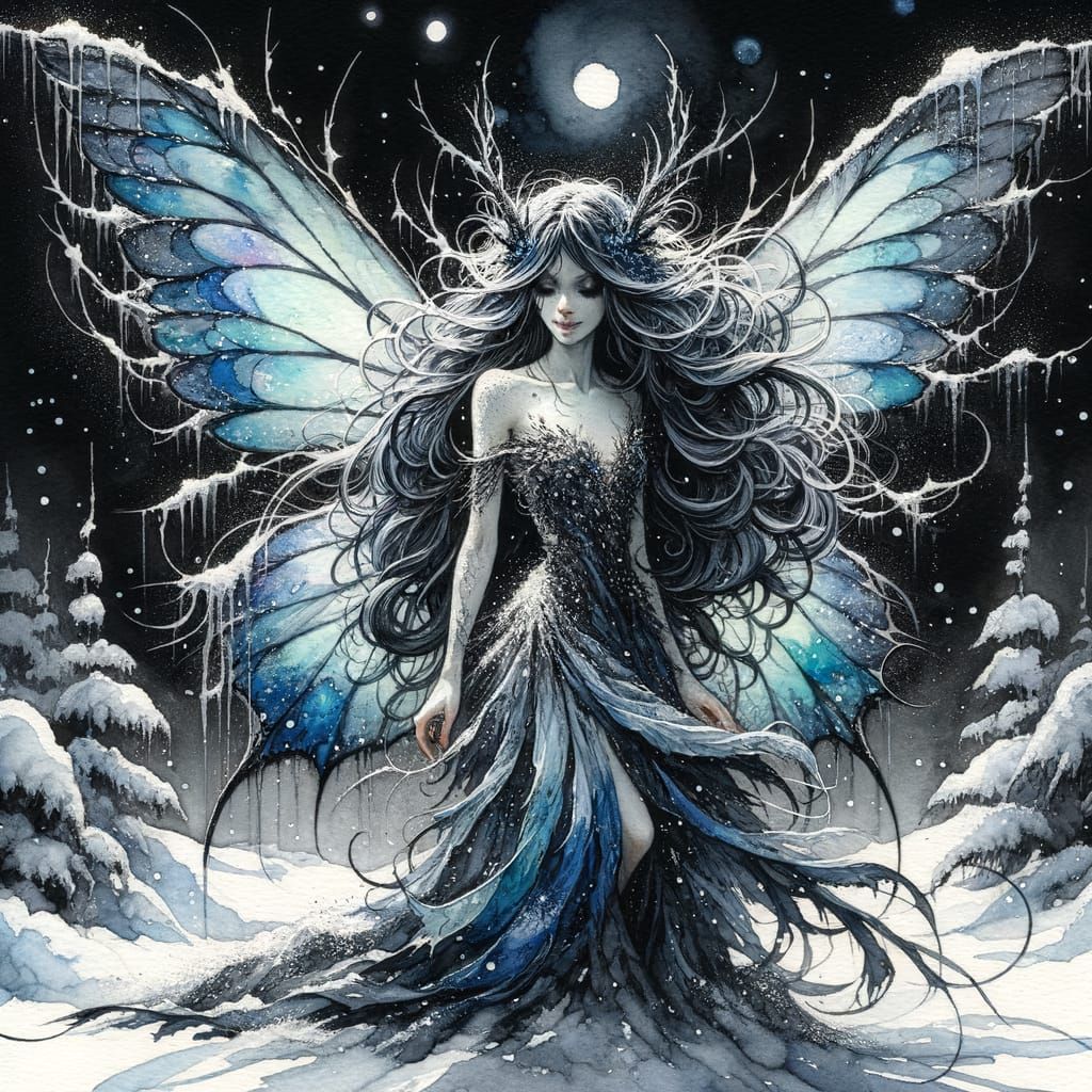 Snowy Faerie in Lunar Glow Watercolor Painting