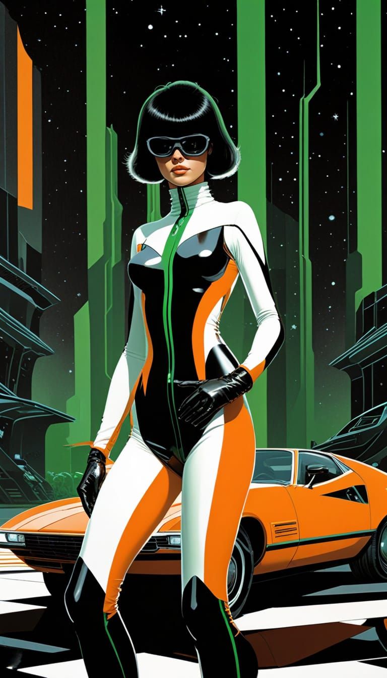 Groovy 1970s Woman in Catsuit Amidst Op Art Stars