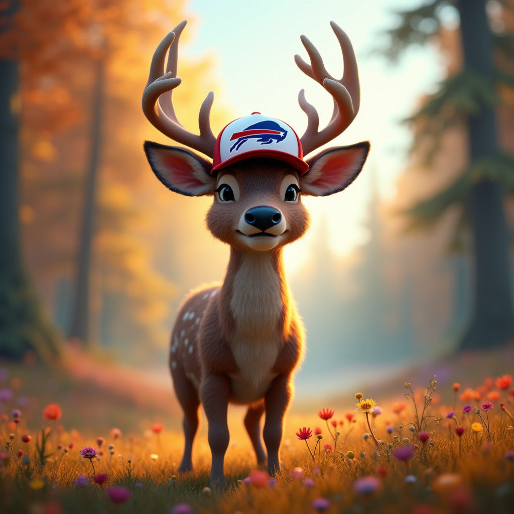 Deer with Bills Hat in Pixar-Style Forest