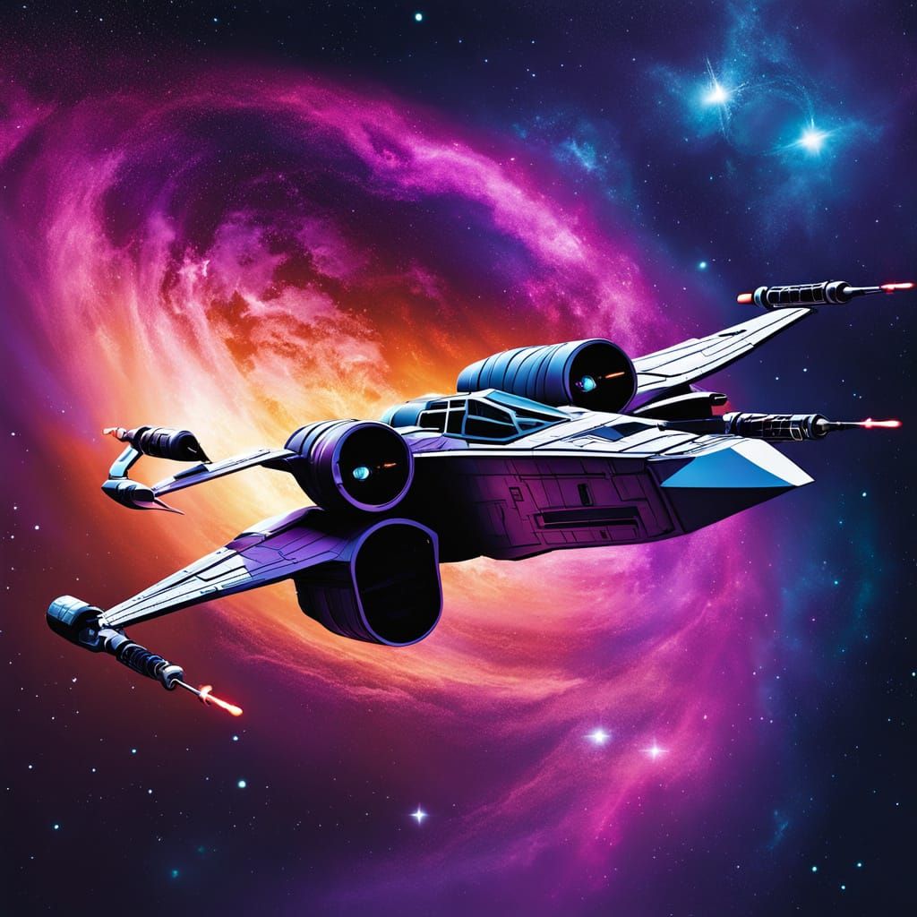 X-Wing Fighter Soaring Through Nebula in Aerograph Style