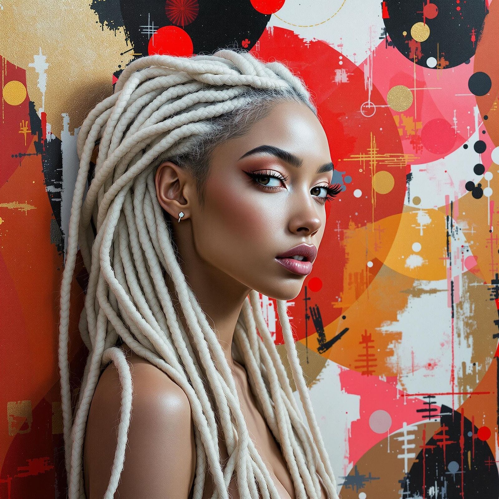 Ethereal Woman Embraces Vibrant Abstraction