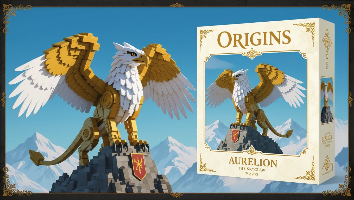 Majestic LEGO-Style Griffin with Golden Feathers and Eagle W...