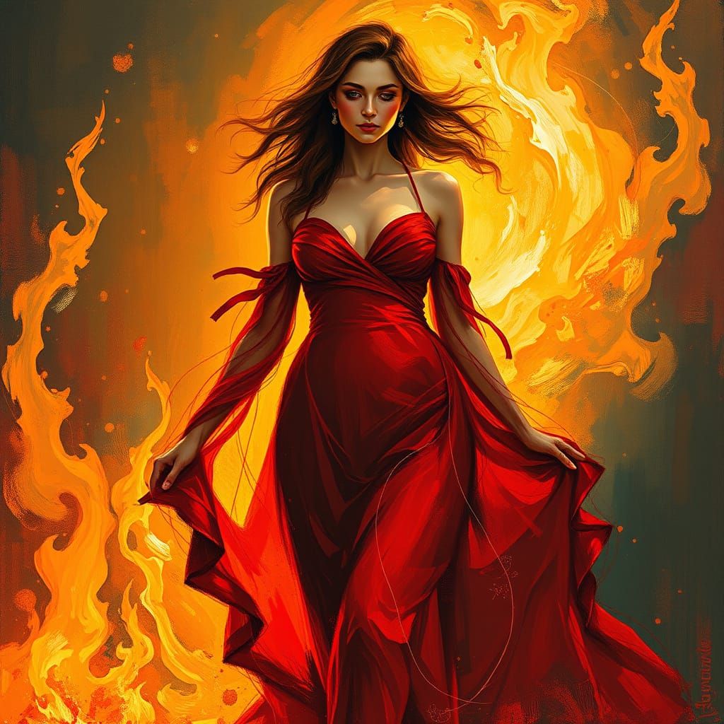 Woman in Red Dress with Flames, Neo-Impressionism